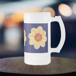 Caneca De Cerveja Vidro Jateado Padrão Floral Amarelo Dahlia no Azul