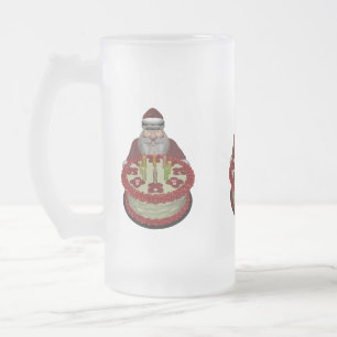 Caneca De Cerveja Vidro Jateado Papai Noel com Bolo de Aniversário