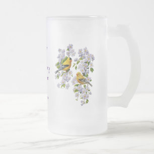 Caneca De Cerveja Vidro Jateado Pássaros e Flores Goldfinch - Colher Cor de Fundo