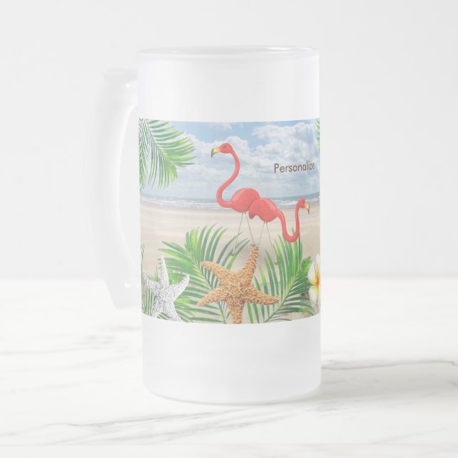 Caneca De Cerveja Vidro Jateado Pássaros Tropicais Flamingo na praia (Frente Esquerda)