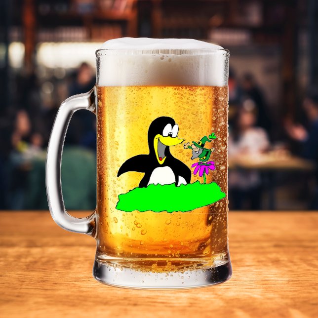 Caneca De Cerveja Vidro Jateado Pinguim e Leprechaun (Penguin and Leprechaun Frosted Glass Beer Mug)