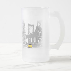 Caneca De Cerveja Vidro Jateado Ponte Nova Iorque Nyc Yellow Taxi Brooklyn