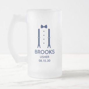 Caneca De Cerveja Vidro Jateado Porteiro Gravata Borboleta Azul
