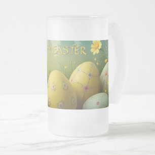 Caneca De Cerveja Vidro Jateado Primavera Magia com Ovos de Páscoa num Mar de Flor