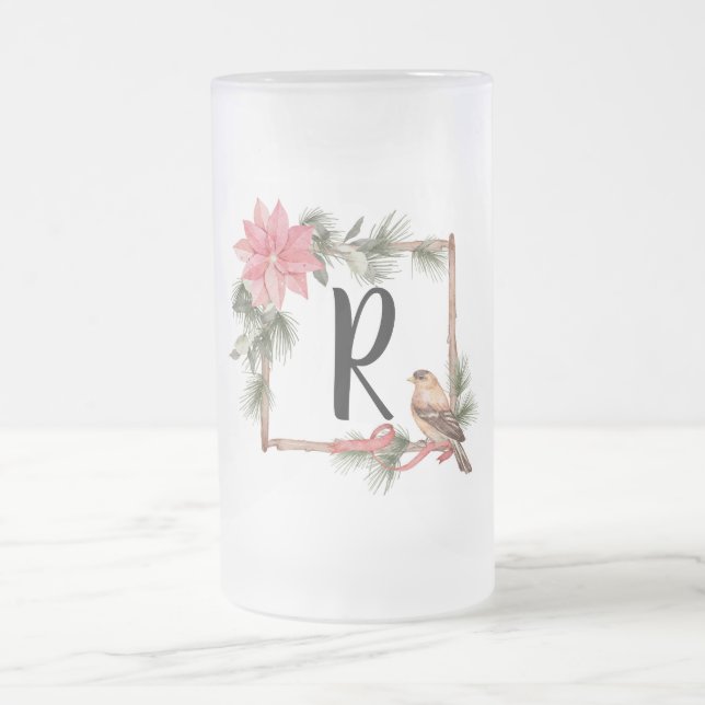 Caneca De Cerveja Vidro Jateado Quadro do Monograma de Natal com Aves e Poinsettia (Centro)