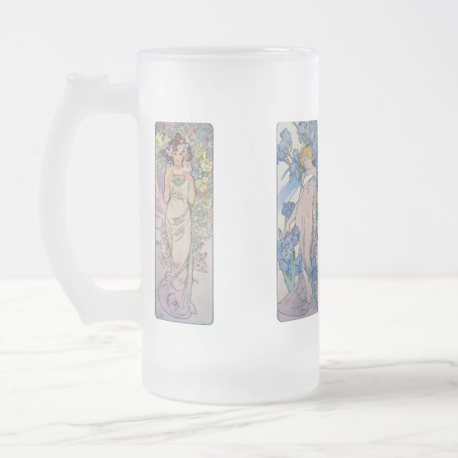 Caneca De Cerveja Vidro Jateado Quatro Flores, Alphonse Mucha (Esquerda)