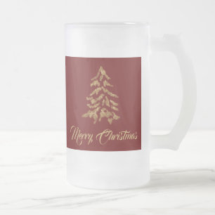 Caneca De Cerveja Vidro Jateado Red Burgundy Árvore de Ouro de Natal Feliz