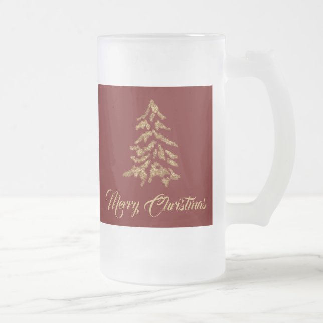 Caneca De Cerveja Vidro Jateado Red Burgundy Árvore de Ouro de Natal Feliz (Direita)
