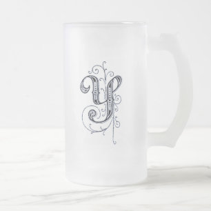 Caneca De Cerveja Vidro Jateado Rico Blue Vintage Monograma 'Y' - Mug