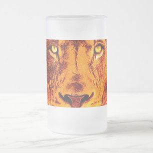 Caneca De Cerveja Vidro Jateado Rosto do Leão Laranja
