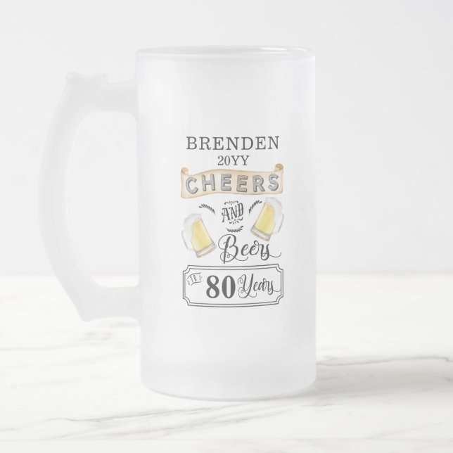 Caneca De Cerveja Vidro Jateado Saúde e Cerveja aos 80 anos de aniversário (Esquerda)