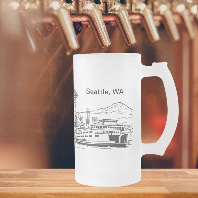 Caneca De Cerveja Vidro Jateado Seattle Ferry & Skyline Washington State Line Art (Seattle Ferry & Skyline Washington State Line Art Frosted Glass Beer Mug)