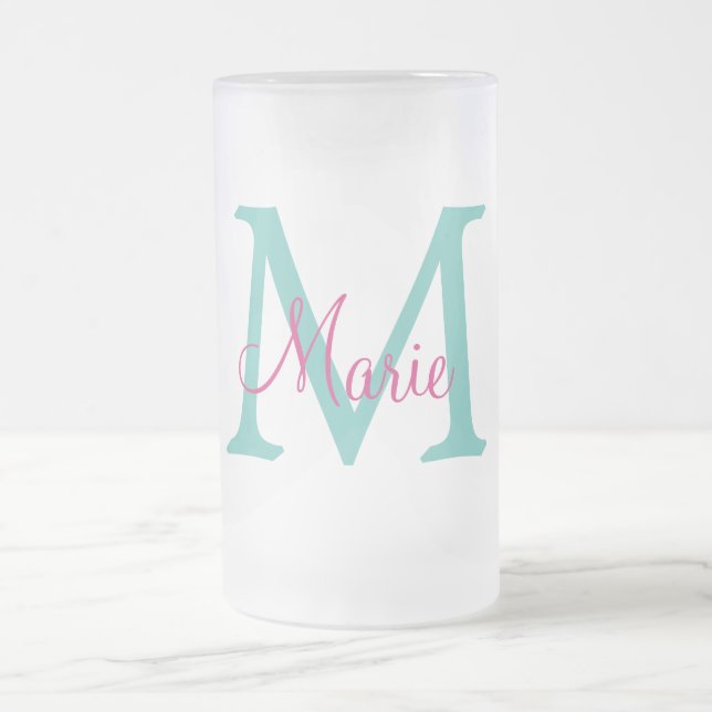 Caneca De Cerveja Vidro Jateado simple minimal add name monogram green pink blue t (Centro)