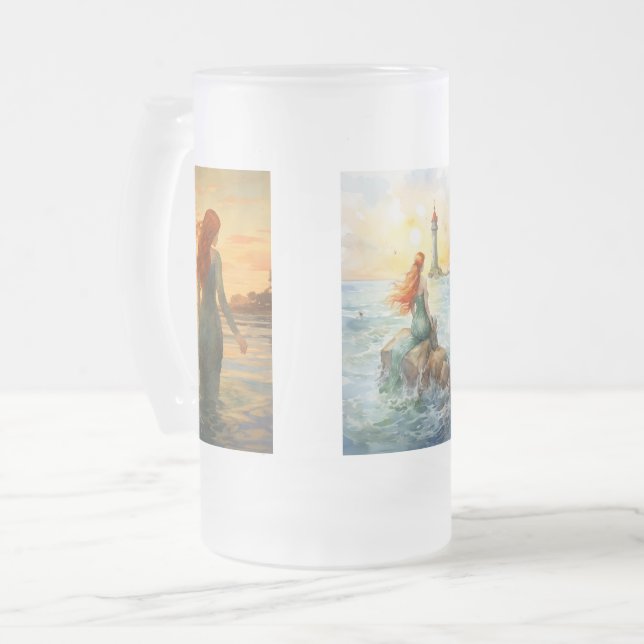 Caneca De Cerveja Vidro Jateado Sonhadora Sereia Sunset com Cabelo Vermelho (Frente Esquerda)