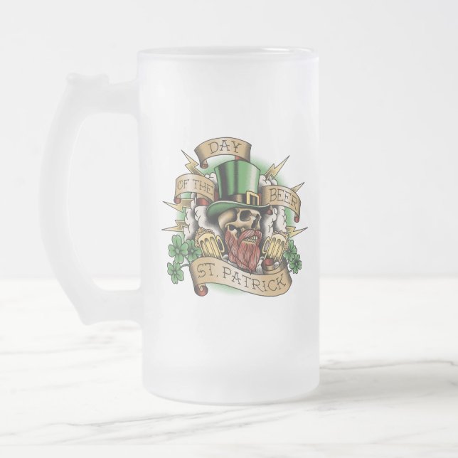 Caneca De Cerveja Vidro Jateado St. Patrick, Dia da Cerveja, Caveira, Leprechaun, (Esquerda)