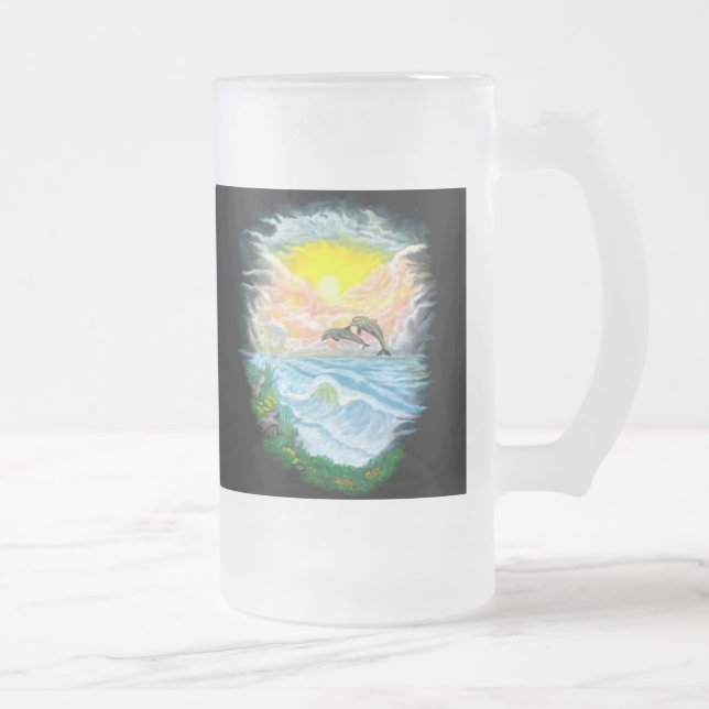 Caneca De Cerveja Vidro Jateado Tocando golfinhos ao sol (Direita)