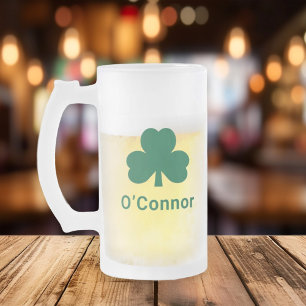 Caneca De Cerveja Vidro Jateado Trevo Personalizado Nome de Família Verde Irlandês