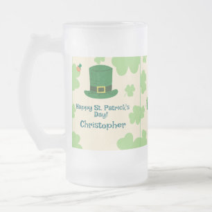Caneca De Cerveja Vidro Jateado Trevos, duendes e cerveja gelada com pote de ouro