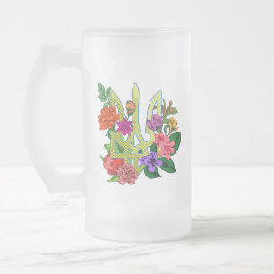 Caneca De Cerveja Vidro Jateado tridente tryzub da heráldica ucraniana flores flor