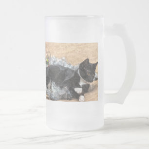 Caneca De Cerveja Vidro Jateado Tuxedo Kitten Tinsel and Lights PainterFosco