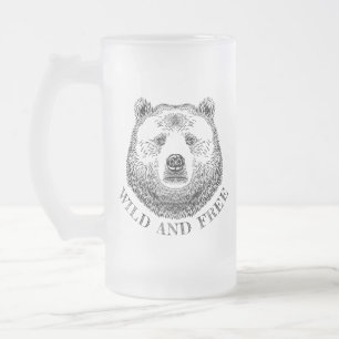 Caneca De Cerveja Vidro Jateado Urso, Selvagem E Gratuita, Ilustração Desenhada À 