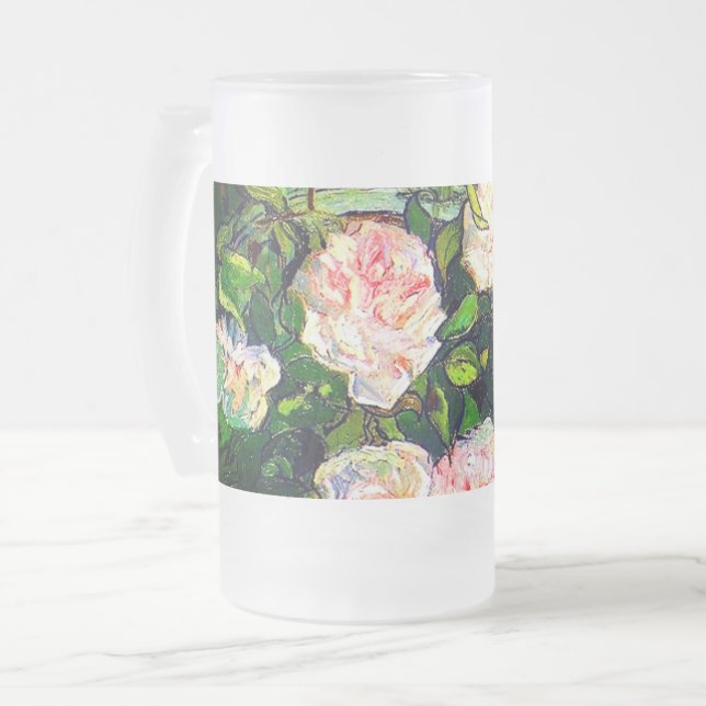 Caneca De Cerveja Vidro Jateado Van Gogh ainda vive com rosas rosa (Frente Esquerda)