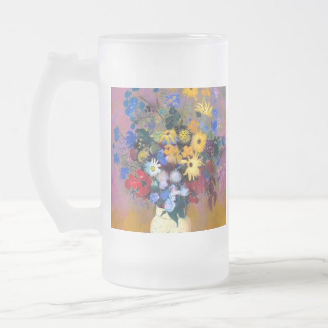 Caneca De Cerveja Vidro Jateado Vaso Branco com Flores Odilon Redon (Esquerda)