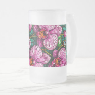 Caneca De Cerveja Vidro Jateado Vidro Pintado com Orquídeas Rosas