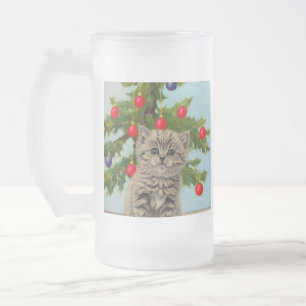 Caneca De Cerveja Vidro Jateado Vintage Cat e Árvore de Natal