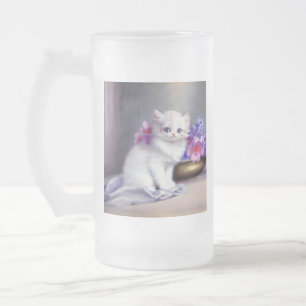 Caneca De Cerveja Vidro Jateado Vintage White Kitten com Flores Rosa e Púrpura