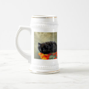 Caneca De Cerveja Vintage Black Kitten com Red Flower Blanket