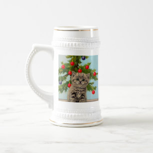 Caneca De Cerveja Vintage Cat e Árvore de Natal
