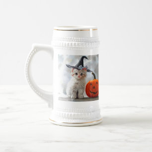 Caneca De Cerveja Vintage Halloween White Kitten e Jack-o-lantern