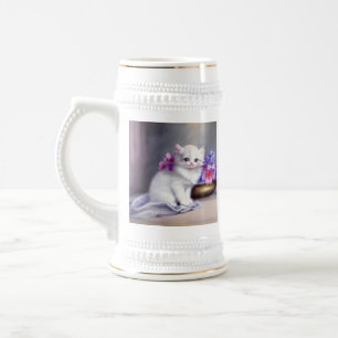 Caneca De Cerveja Vintage White Kitten com Flores Rosa e Púrpura