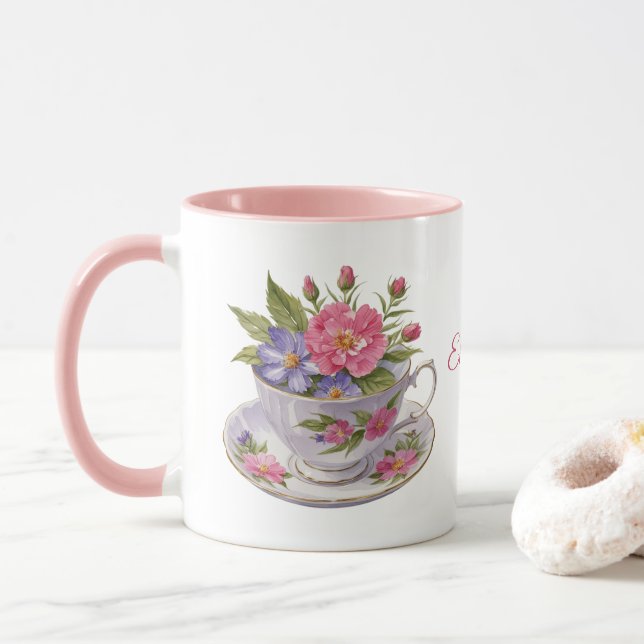Caneca de Chá com Flores Rosa Roxo Personalizada (Com Donut)