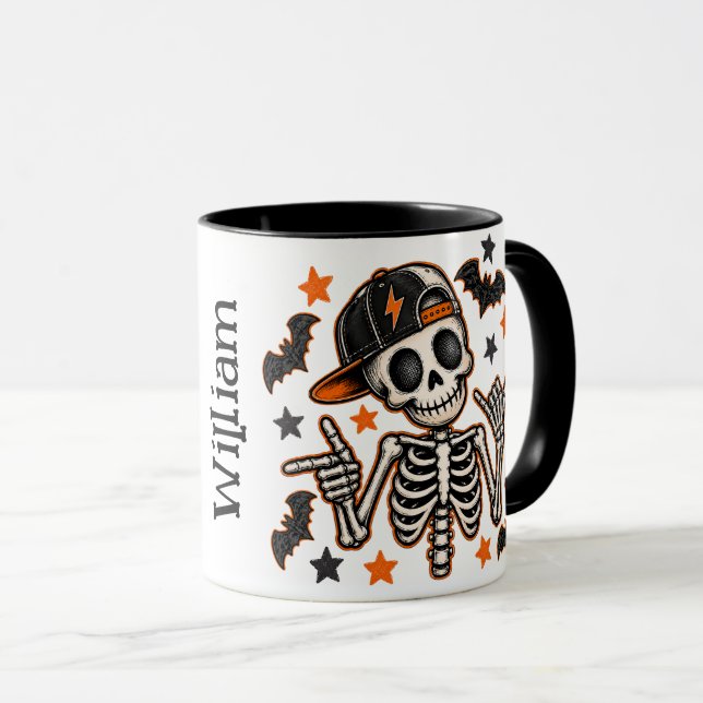 Caneca de crânio de esqueleto fofo de Halloween (Frente Esquerda)