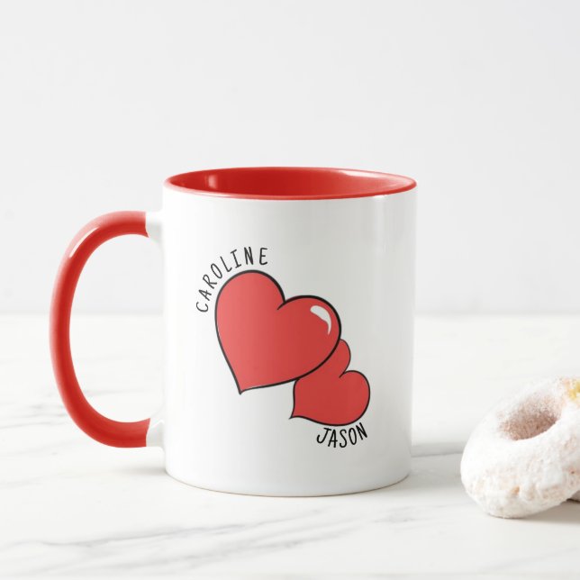 Caneca de Dois Corações com Nomes Personalizados (Com Donut)