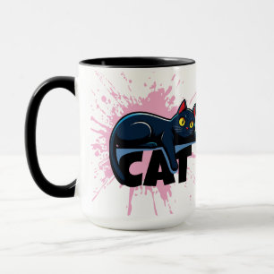 Caneca de duas cores com gato preto fofo e resping