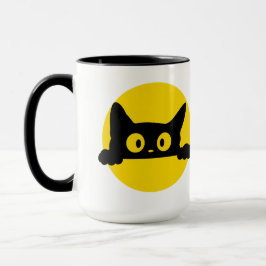 Caneca de duas cores com gato preto fofo espiando 