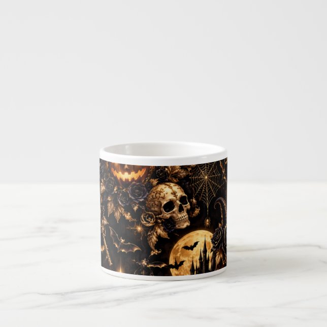 Caneca de Espresso Halloween Dourada Gótica (Frente)