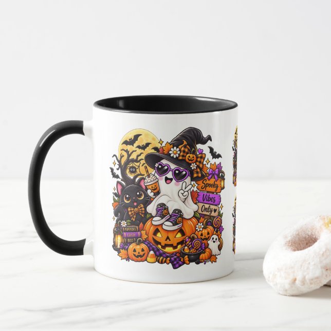 Caneca de Fantasma de Halloween Fofo | Vibrações A (Com Donut)