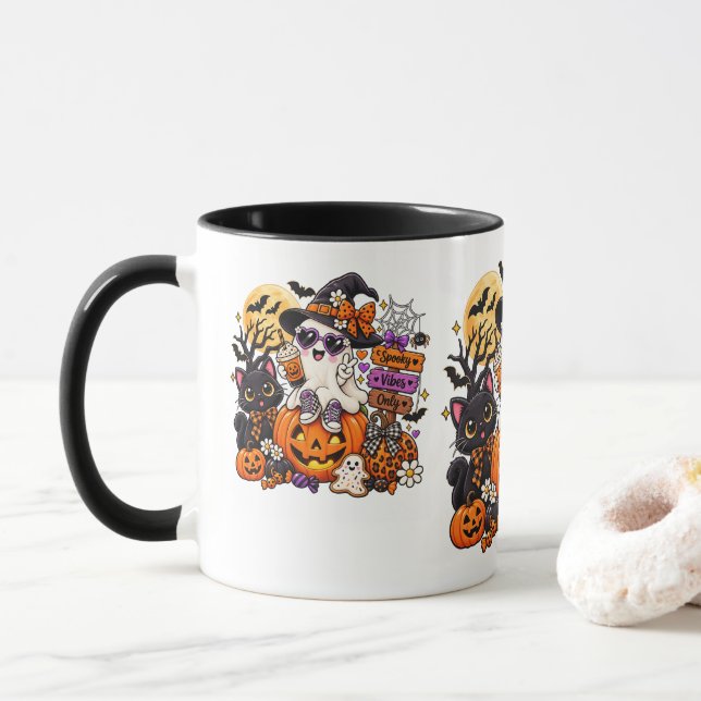 Caneca de Fantasma de Halloween Fofo | Vibrações A (Com Donut)