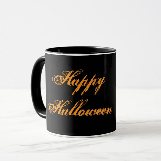 Caneca de Feliz Halloween com Caligrafia (Preto e  (Frente Esquerda)