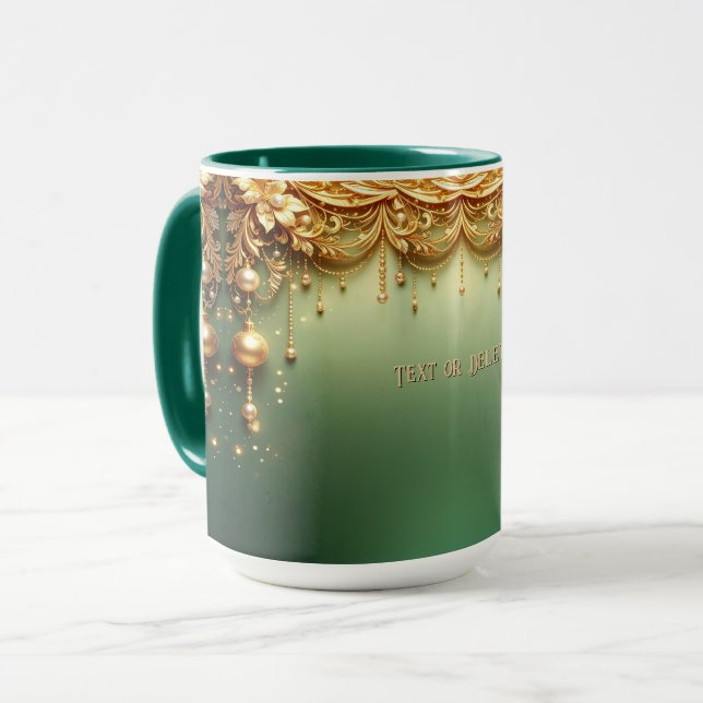 Caneca de Férias Verde Festiva com Enfeites Dourad (Frente Esquerda)