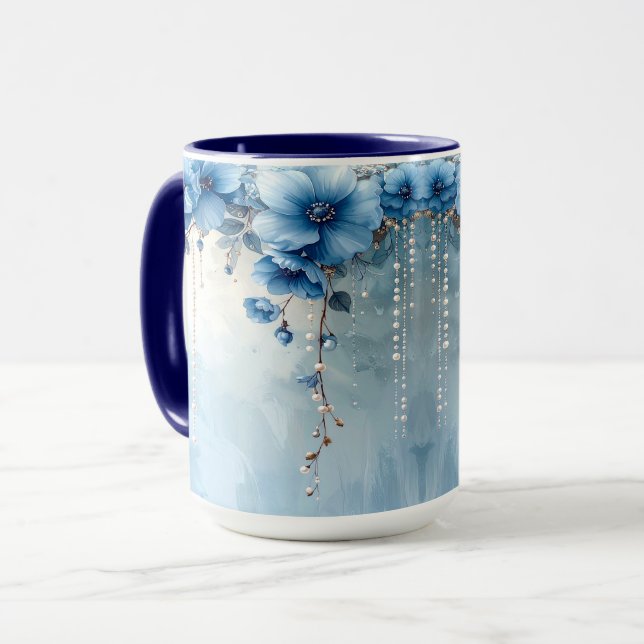 Caneca de Flores Azuis e Pérolas (Frente Esquerda)