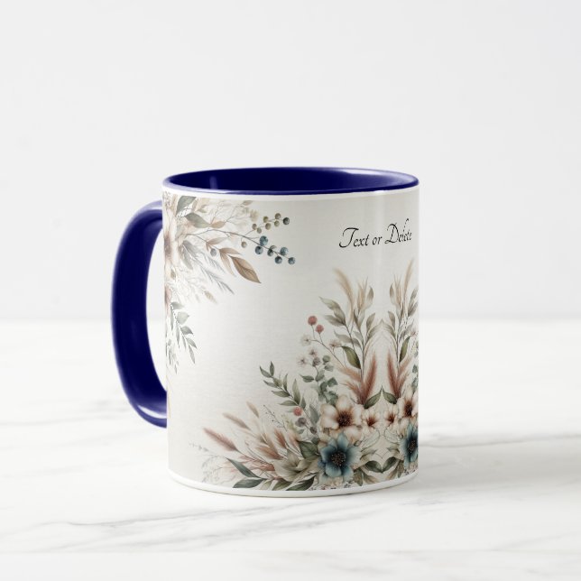 Caneca de Flores Azul Marfim em Aquarela (Frente Esquerda)