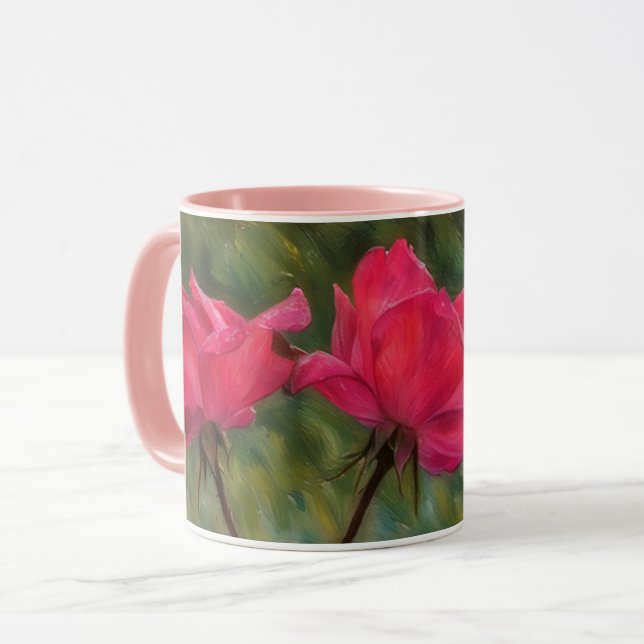 Caneca de Flores de Arte Floral Rosas Cor-de-Rosa (Frente Esquerda)