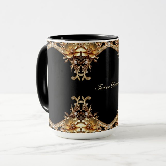 Caneca de Flores Decorativas Douradas (Frente Esquerda)