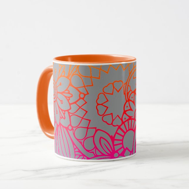 Caneca de Flores Roxas Laranja e Fundo Cinza (Frente Esquerda)