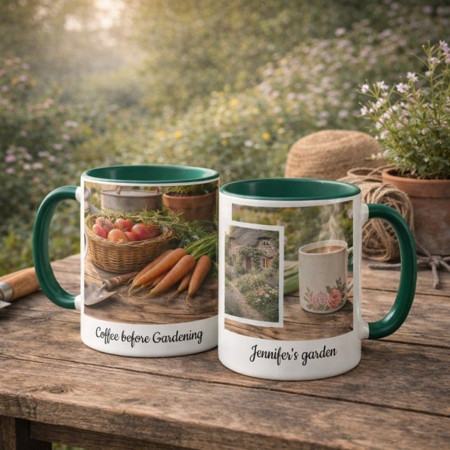 Caneca de foto do jardim da manhã café antes da ja ("Coffee before gardening" morning garden photo mug. You can add your own photo, name and text.)